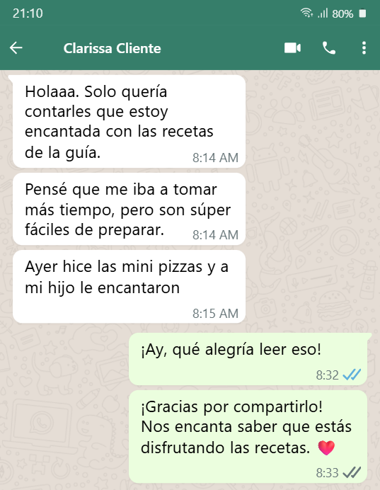 Conversación autorizada de WhatsApp 2 de 3 sobre la Guía Merienda Feliz, con foto de perfil oculta