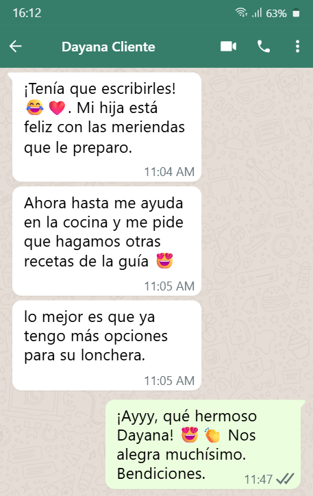 Conversación autorizada de WhatsApp 1 de 3 sobre la Guía Merienda Feliz, con foto de perfil oculta