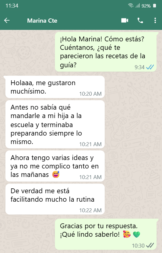 Conversación autorizada de WhatsApp 3 de 3 sobre la Guía Merienda Feliz, con foto de perfil oculta